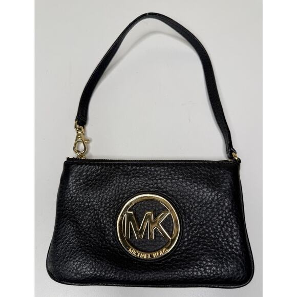 Michael Kors Fulton Wristlet Small Black Pebbled Leather Gold Logo Zip Top Purse - Picture 1 of 7